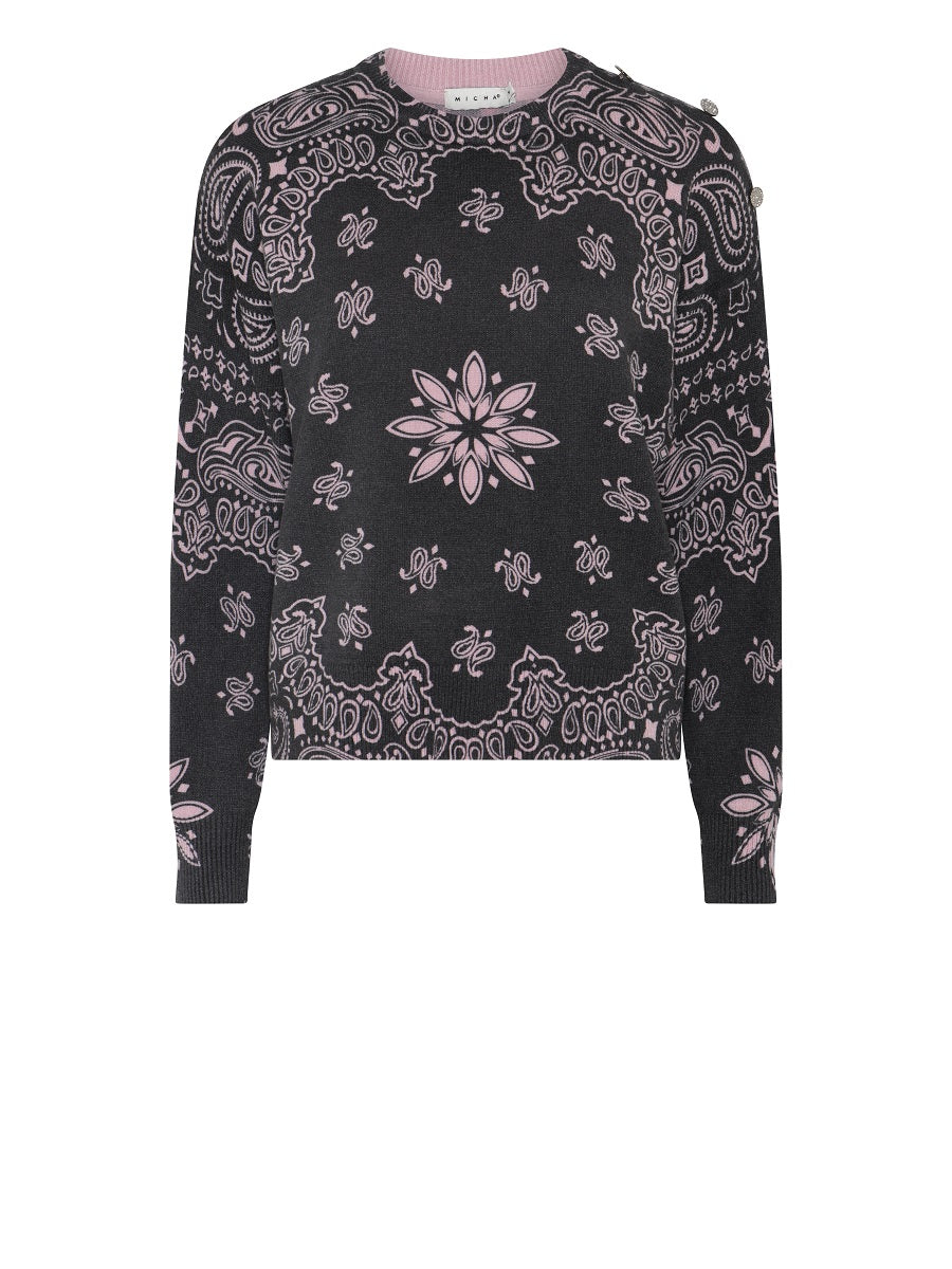 183126 Strickpullover mit Paisley-Muster und Knopfdetail in Schwarz/Rosa