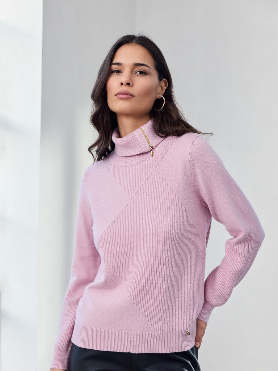 183129 Strickpullover mit Rollkragen & Reißverschluss in Beige oder Rosa