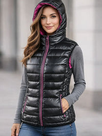 170-907-Damen Steppweste mit Kapuze in schwarz/Pink