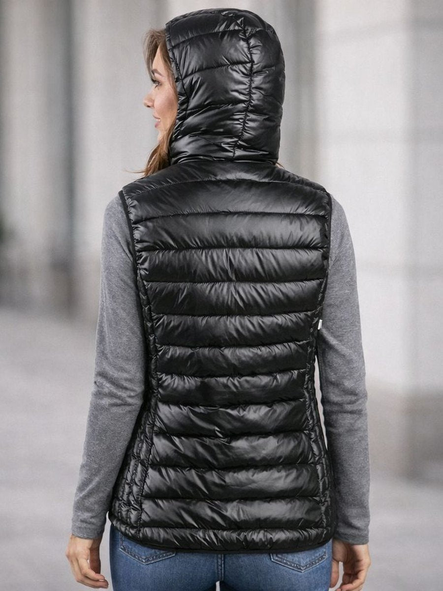 170-907-Damen Steppweste mit Kapuze in schwarz/Pink