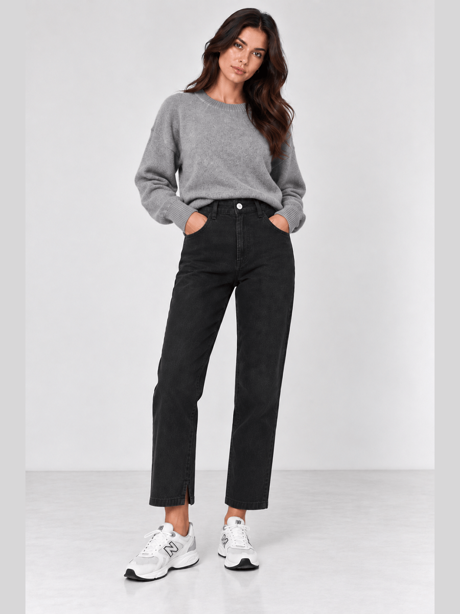 896400-154 Gefütterte Winter-Jeans in Schwarz – Mom Fit