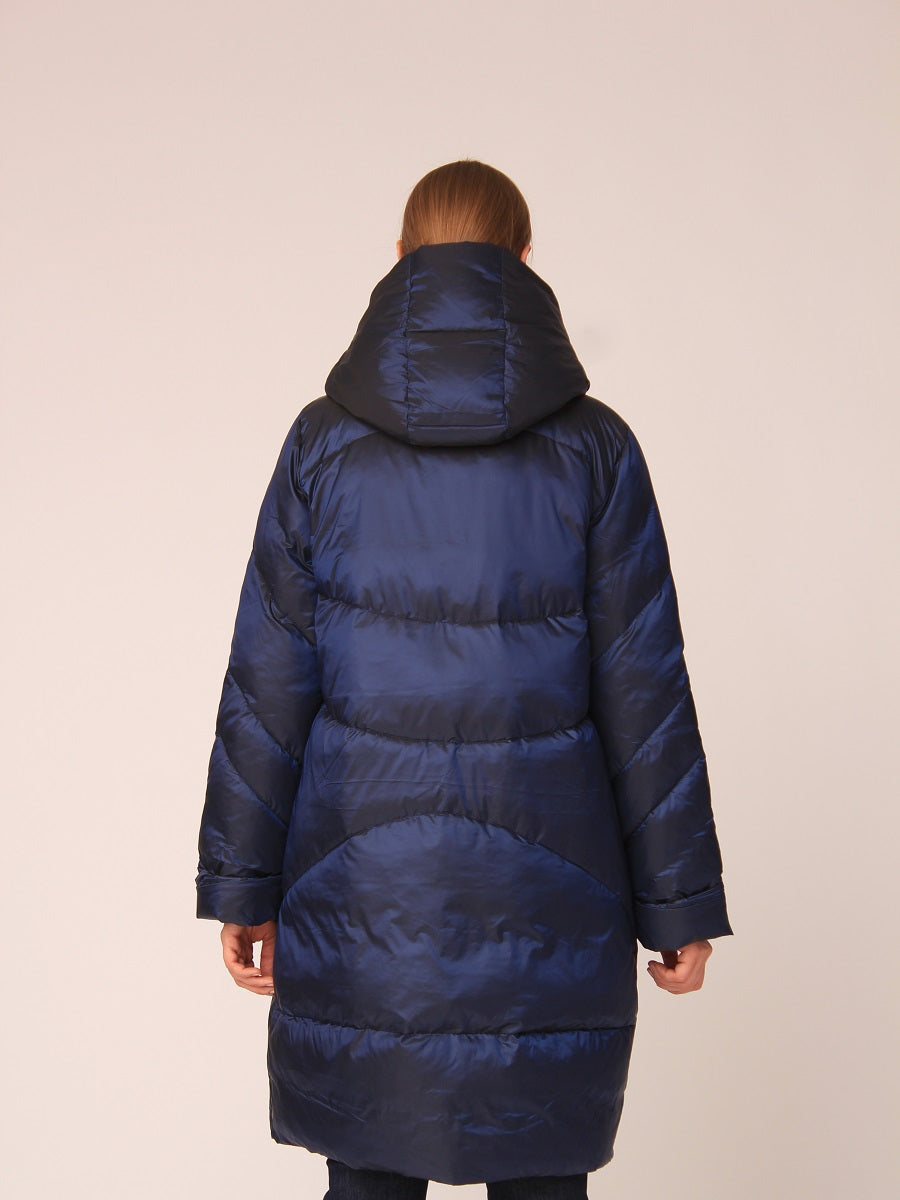 125800-206-810  Langer Steppmantel mit Kapuze in Dunkelblau