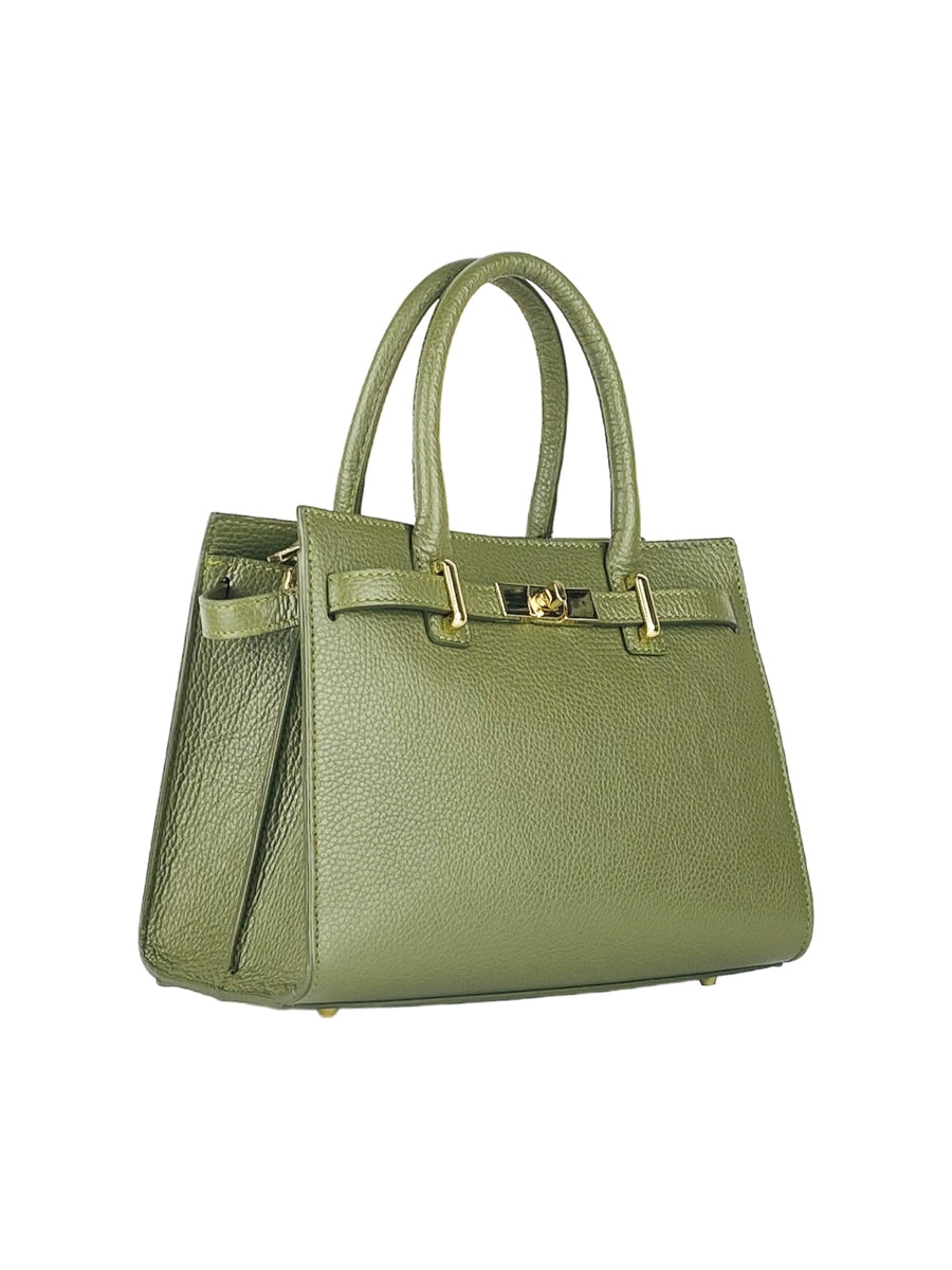 RB1016AG | Borsa Donna a Mano in Vera Pelle Made in Italy con tracolla removibile. Moschettoni in metallo Oro Lucido - Colore Verde Oliva - Dimensioni: cm 28 x 20 x 14 + 12,5