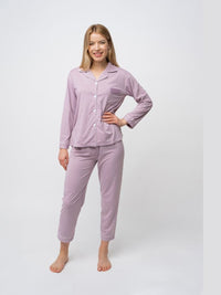 Mauve Plain Soft Cotton Long Sleeve Night Suit Women's Silk Sleepwear Pyjama Set