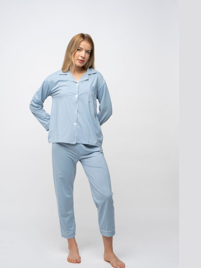 Mauve Plain Soft Cotton Long Sleeve Night Suit Women's Silk Sleepwear Pyjama Set