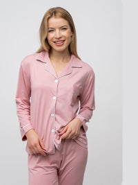 Mauve Plain Soft Cotton Long Sleeve Night Suit Women's Silk Sleepwear Pyjama Set